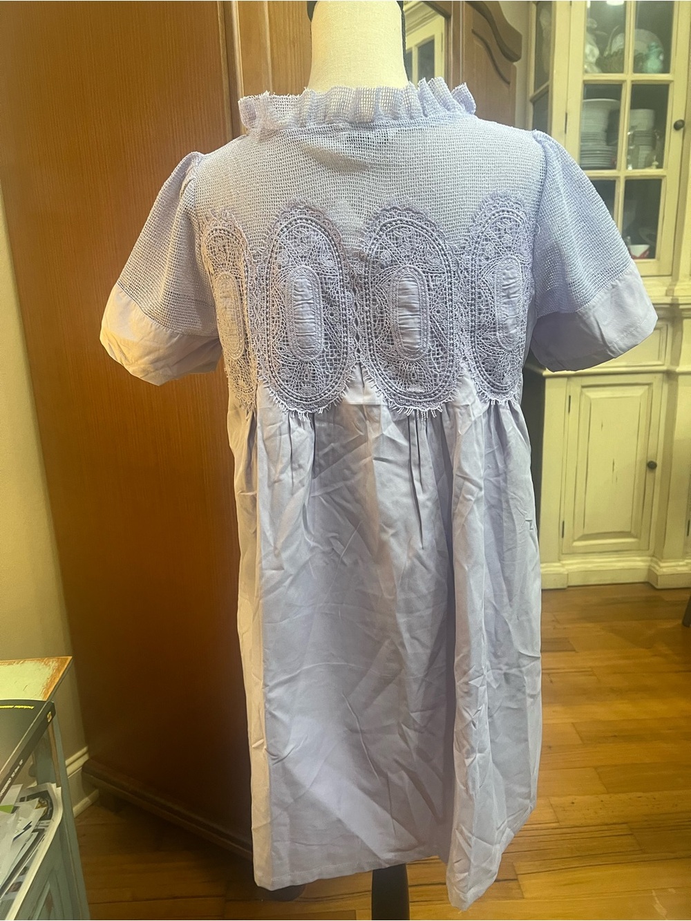 Lilac Crochet Yoke Mini babydoll Dress - Short Sleeve A-Line - Picture 8 of 13